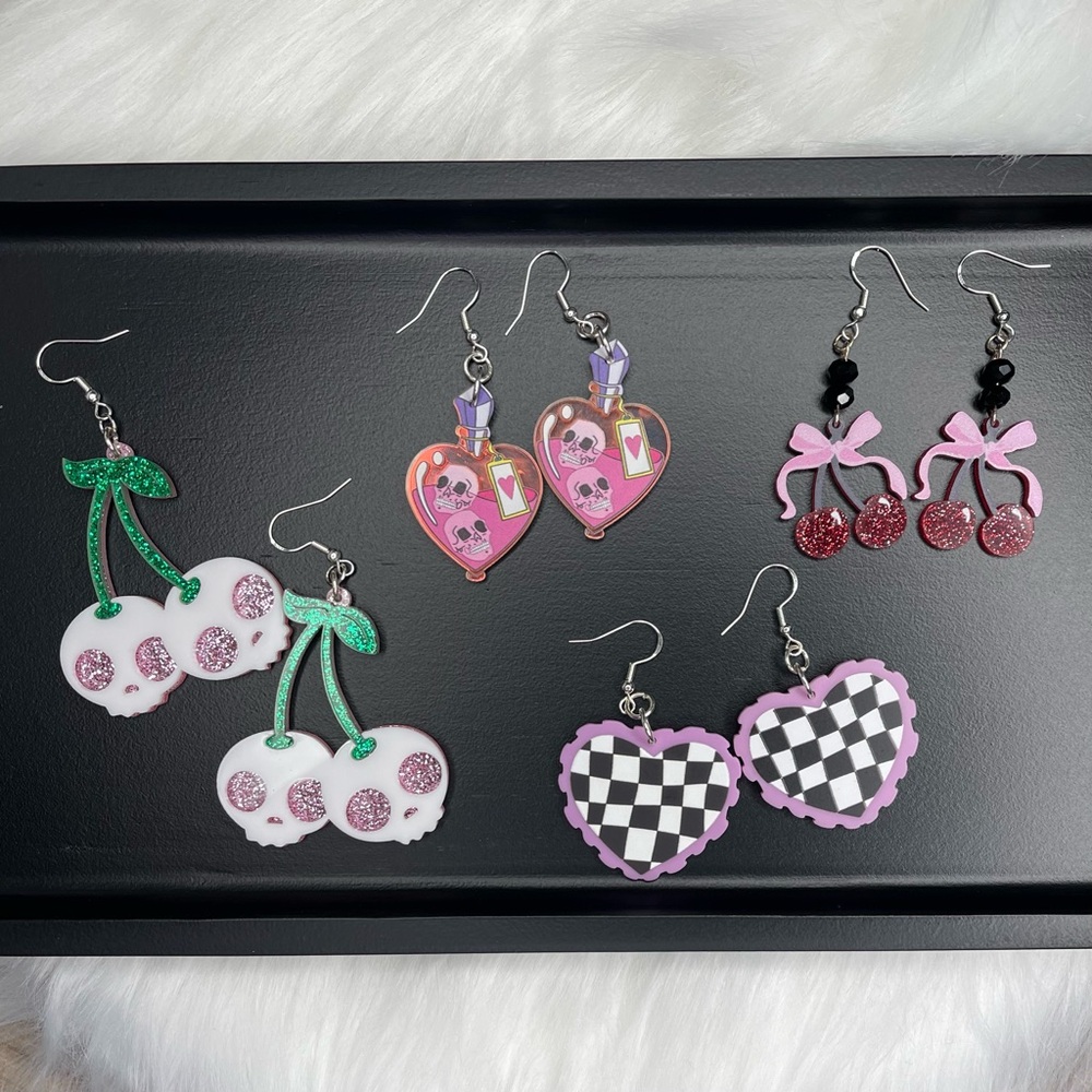 Set of 4 - Cherry Heart and Skull Acrylic Earrings